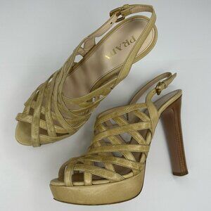 Prada Women's Tan Neutral Caged Criss Cross Designer Sandal Heels EU 37.5/US 7